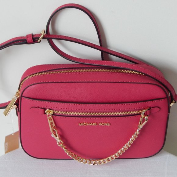 NWT Michael Kors Jet Set Item Leather LG EW Zip Chain Carmine Pink XBody Bag - Picture 4 of 14
